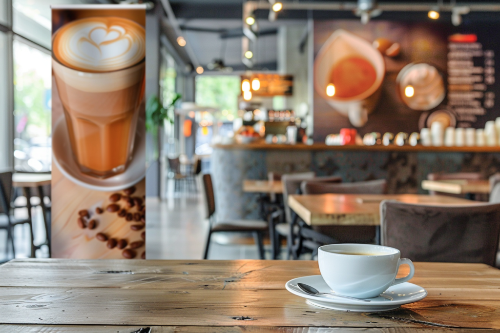 カフェに設置されたコーヒーが印刷されたバナースタンドの制作例
