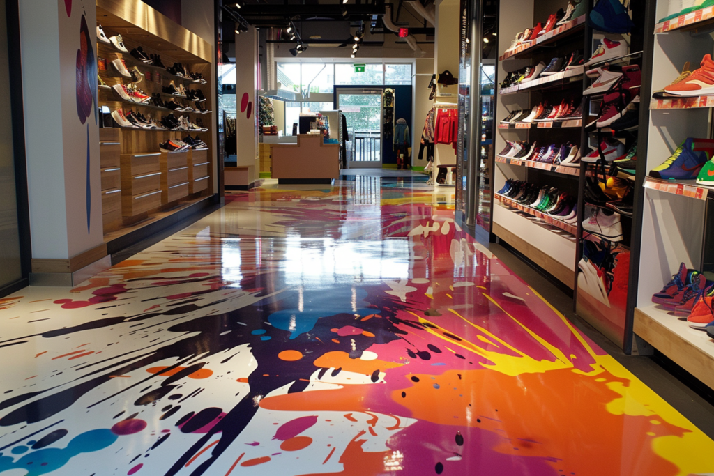 スニーカーやその他の履物を展示する棚のある明るく光沢のある内装空間で、色とりどりの抽象的な床のデザイン。飛び散るようなデザインと渦巻き模様が特徴的。