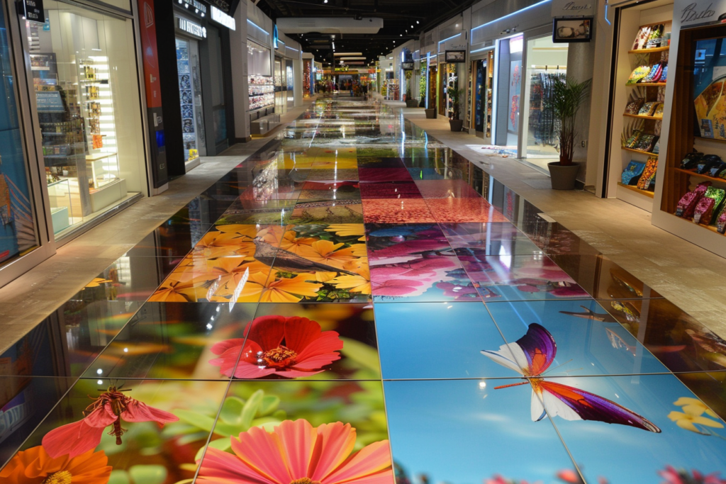 オレンジ、黄色、ピンク、ブルーの鮮やかな花と蝶のデザインが施された光沢のあるタイルの床。ガラス張りの店舗が並ぶ日当たりの良いショッピングモールの廊下を進む。