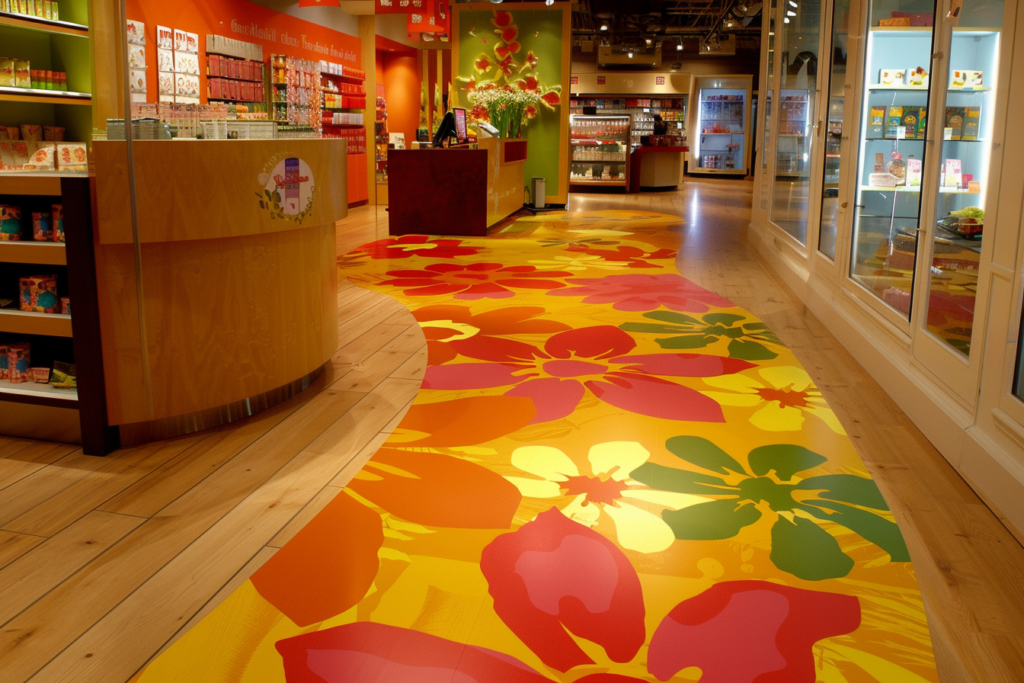 壁沿いに商品ディスプレイがある明るく照らされたショッピングエリアの中央に、オレンジ、赤、黄色の大きな花柄デザインが施された光沢のある木の床。