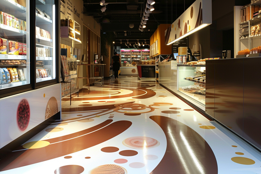 モダンな内装空間、おそらくベーカリーやカフェ。オレンジと茶色の円形デザインが特徴的なパターンの床。壁に沿って冷蔵ディスプレイケースが並ぶ
