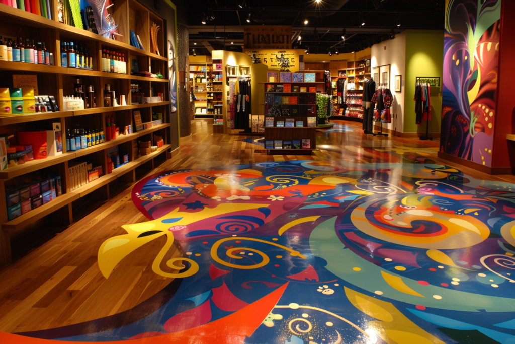 鮮やかな絵柄の床と本や商品が並ぶ店内。雑貨店