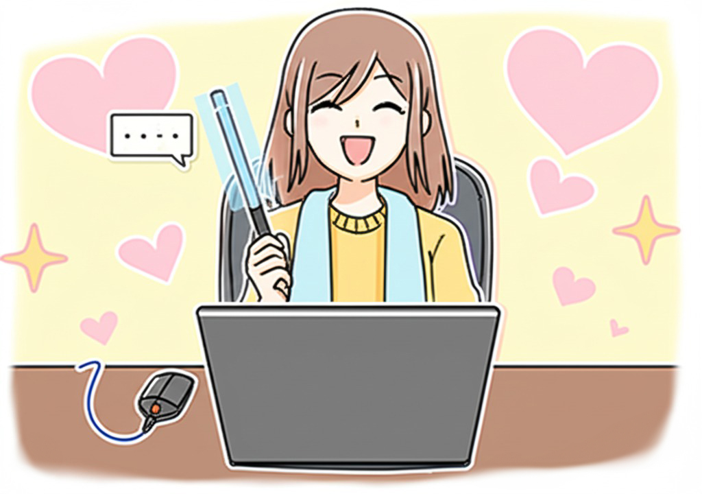 笑顔でペンライトを振ってVTuberを応援する若い女性のイラスト。