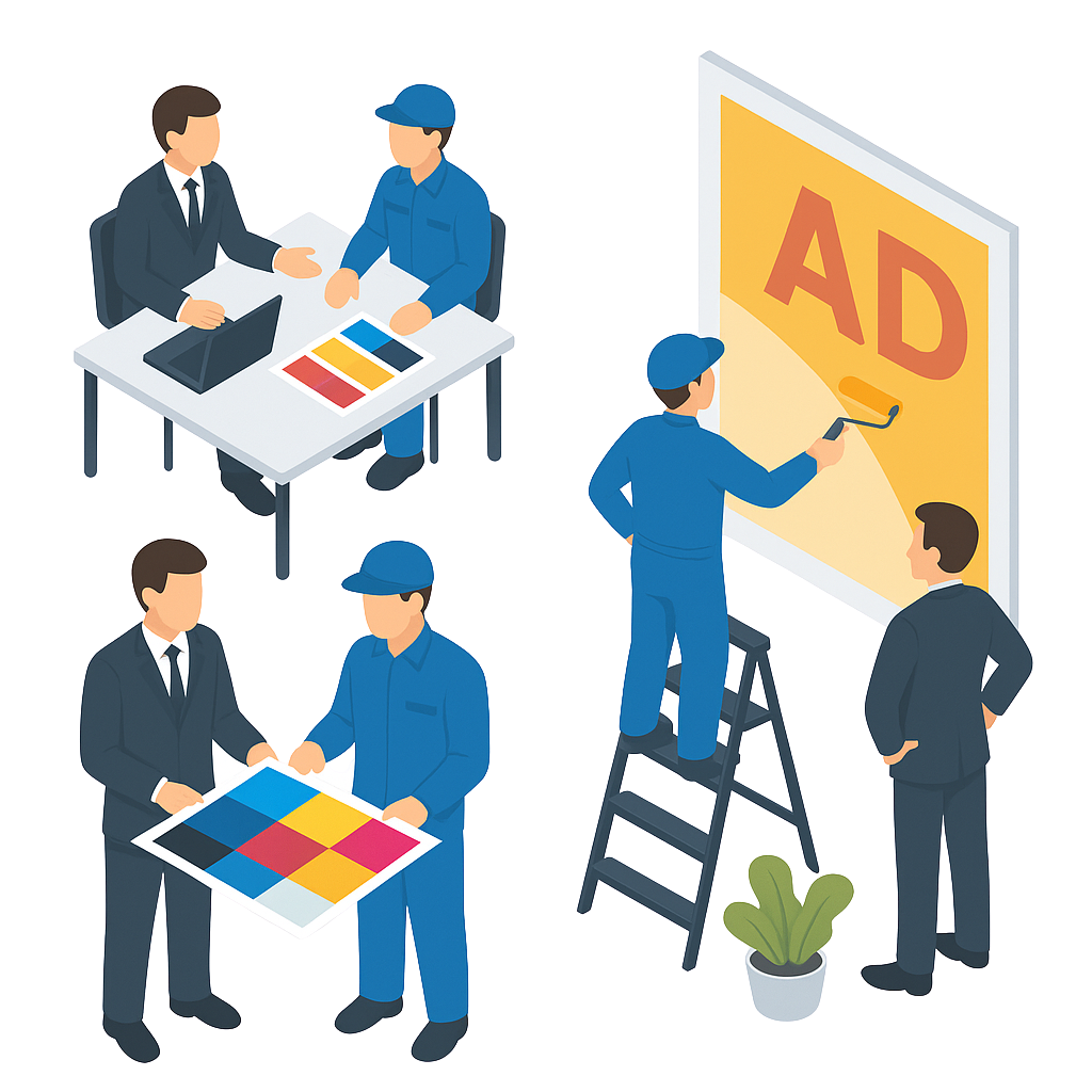 広告デザインの打ち合わせを行うビジネスマンと作業服のスタッフ、および屋外広告を設置する作業員のイラスト